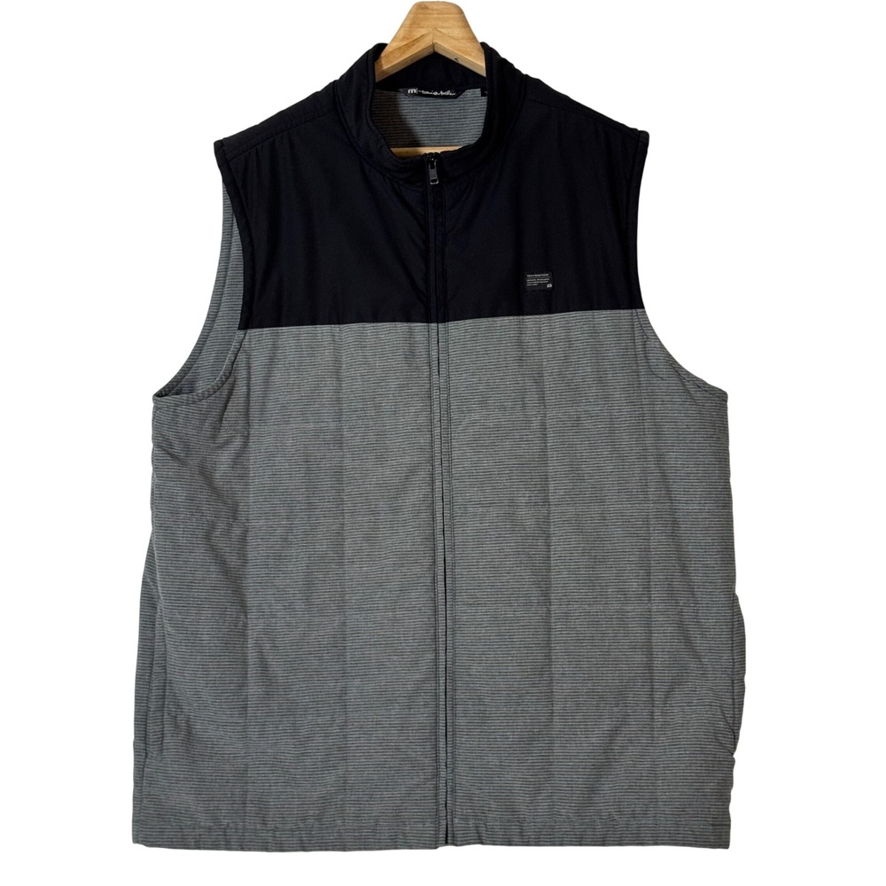 TravisMathew Men's XL Black Grey Quilted Full Zip Golf Vest Colorblock Striped